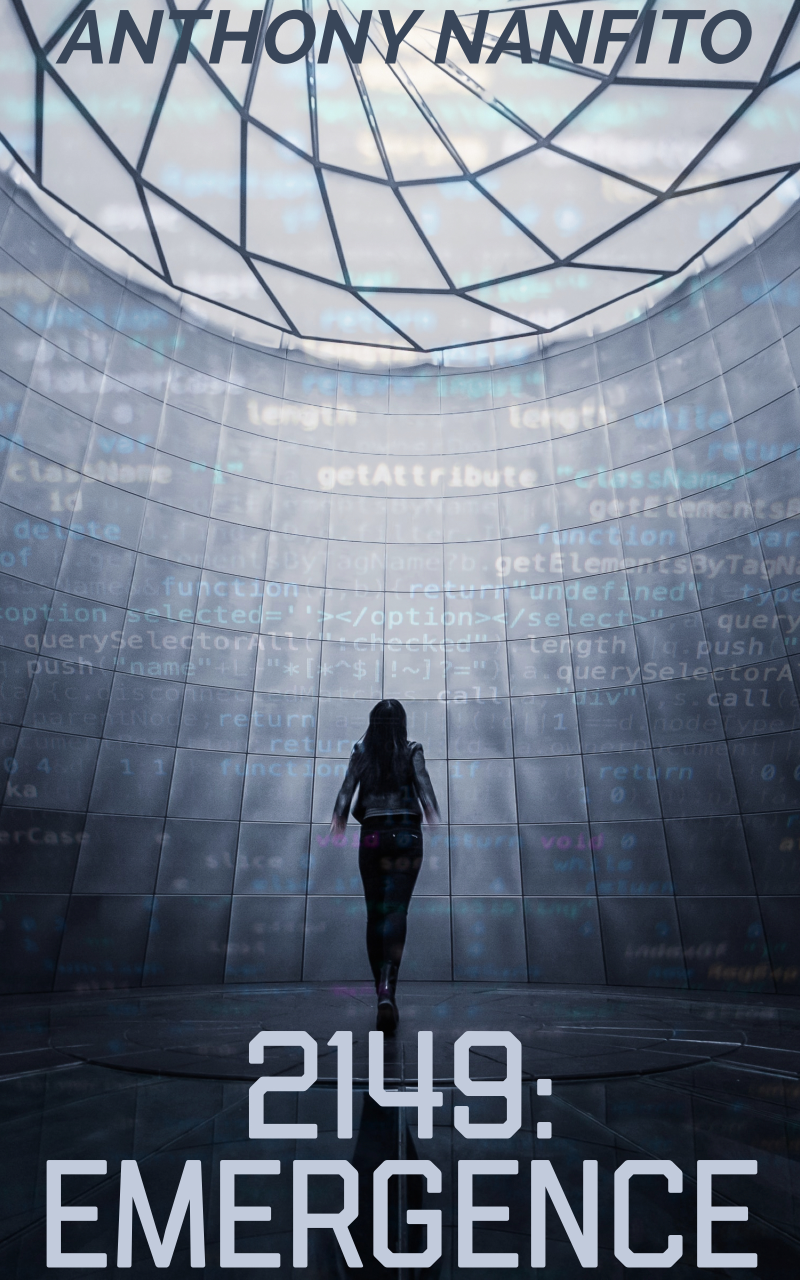 a woman looking up as she walks into a glass-ceiling auditorium with faded coding text in the background