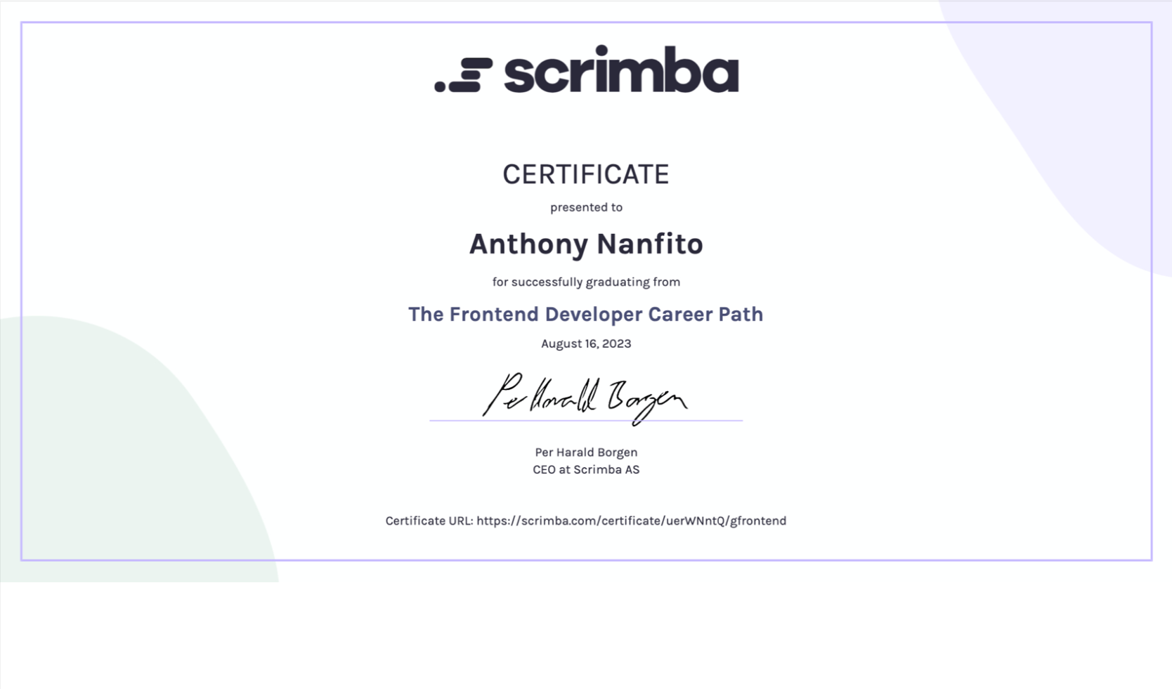 Scrimba certificate of completion for the Frontend Developer Career Path