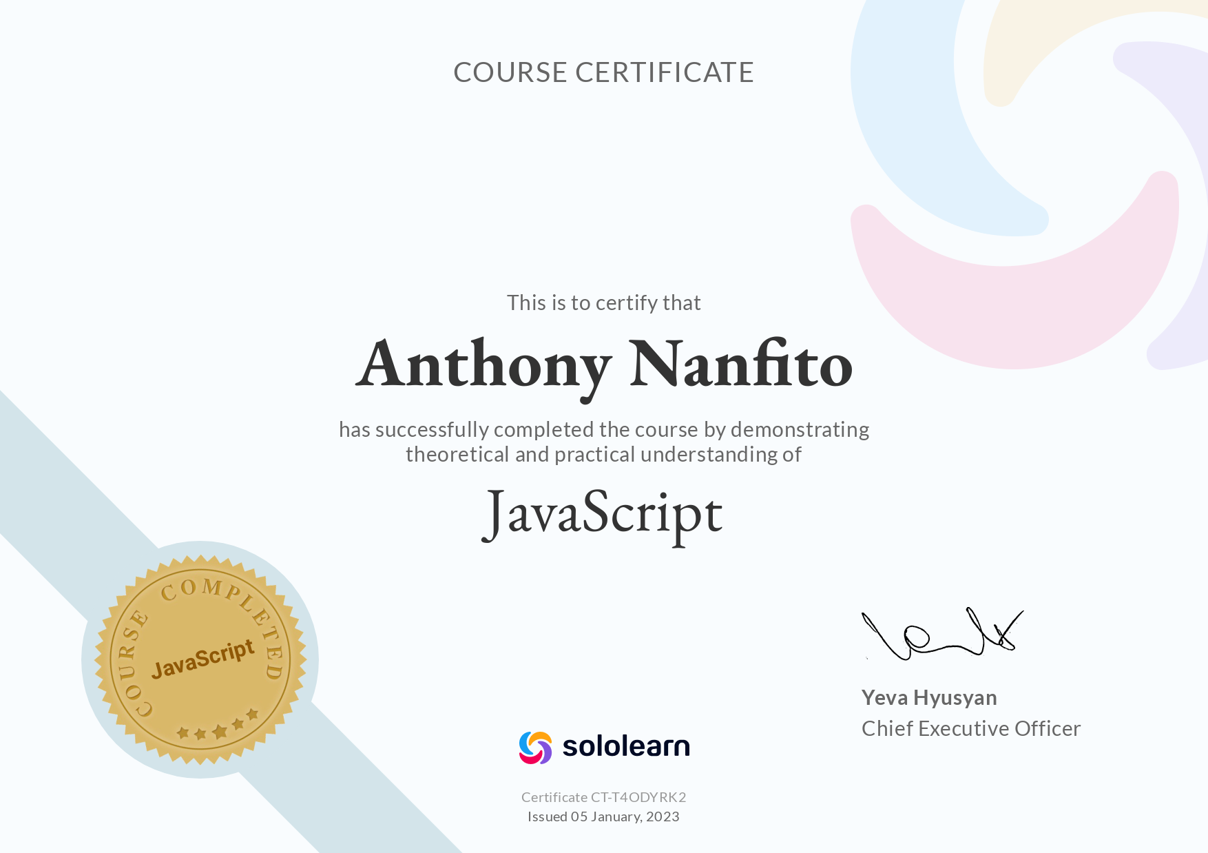 Sololearn course certificate for Theoretical and Practical JavaScript